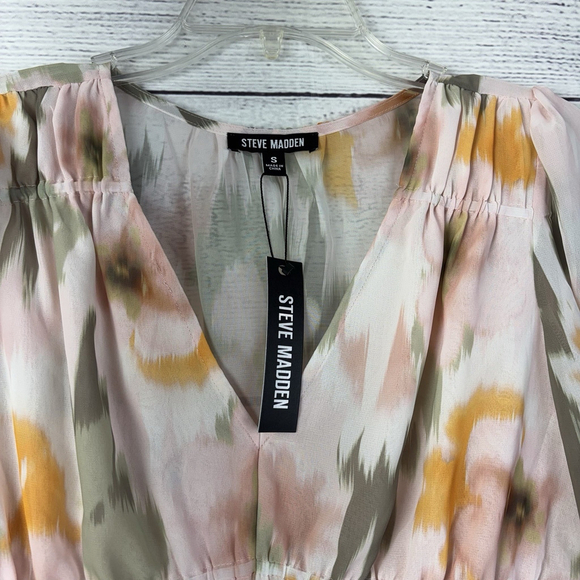 Steve Madden Ardenne Floral Peplum Blouse Long Sleeve V-Neck Cinched Waist S - Picture 5 of 8